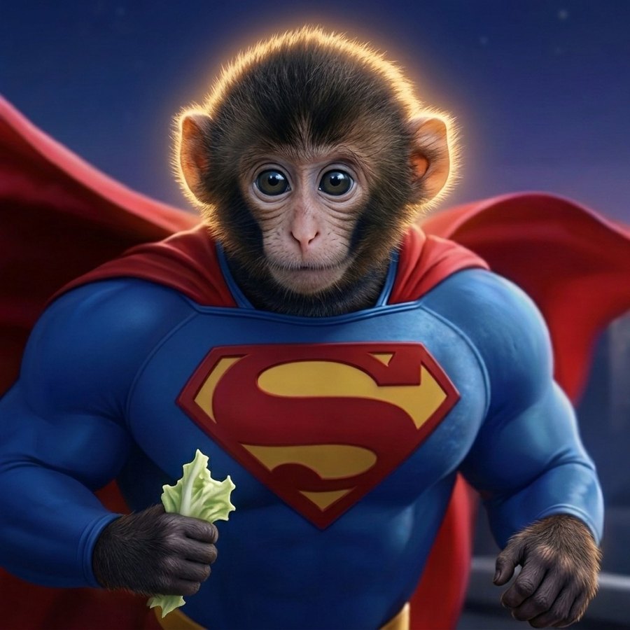 Super Nuts-Kun: a baby monkey with huge eyes in a blue hero suit and red cape, holding a leaf of lettuce